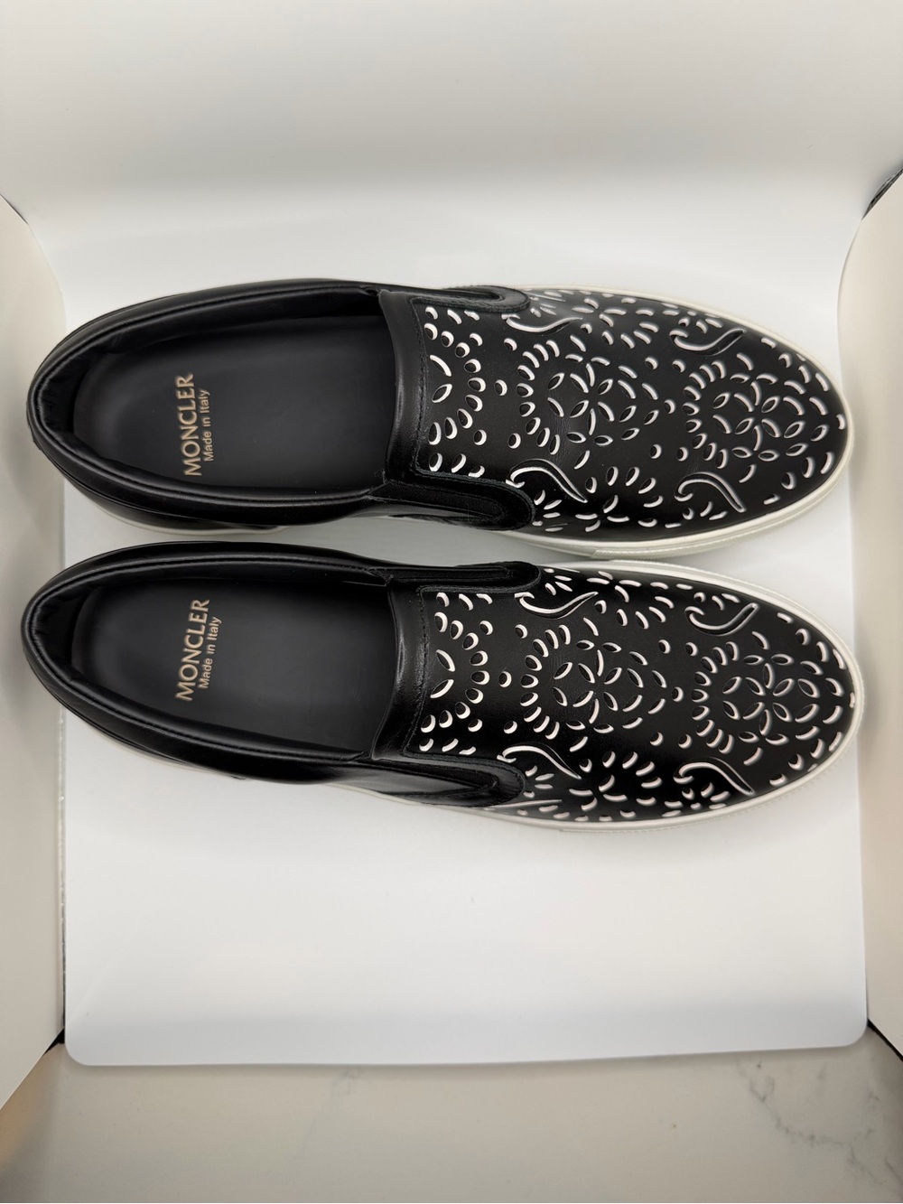 Moncler Black Leather Slip-On Sneakers with White Cutout Underlay - 39